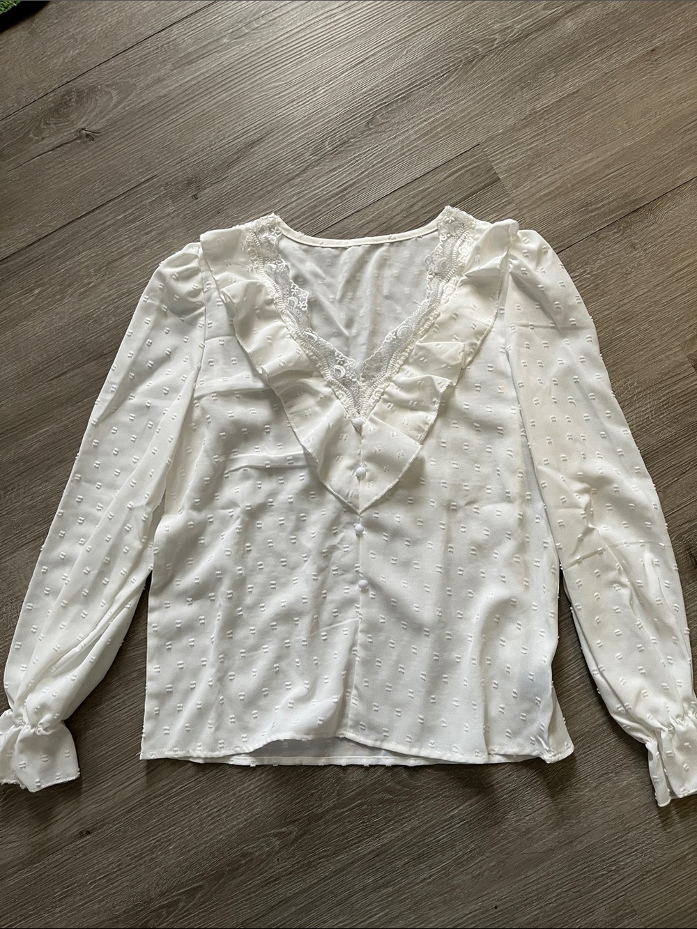 SHEIN White Ruffle V-Neck Lace Dot Swiss-Pattern Blouse